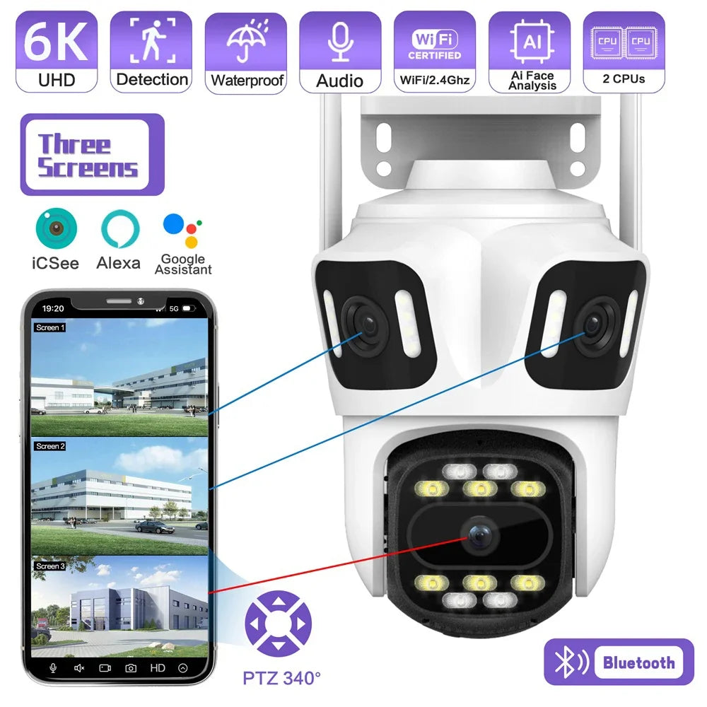 Caméra De Surveillance Extérieure PTZ Triple Objectif Wi-Fi